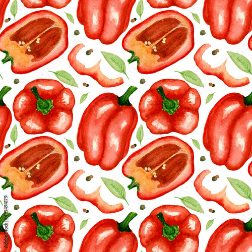Watercolor seamless vegetable pattern  red bell pepper  peppercorns  bay leaf on a white background.