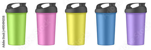 Set of multicolored sport cups or bottles for water. Protein shake drink. Green, pink, yellow, blue and purple travel cups. Thermo mug. Plastic shaker. Bicycle bottle