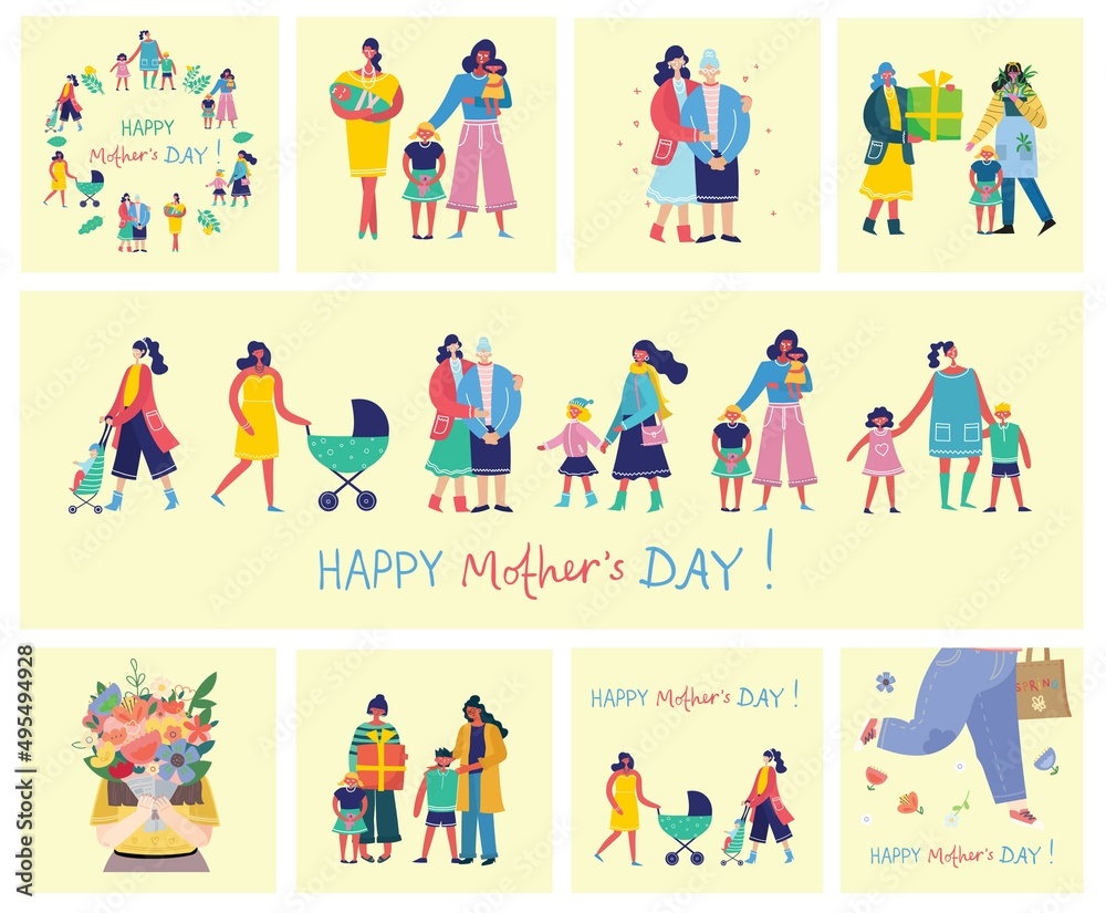 Happy Mother s Day Set of cute and colorful vector illustrations. Kids and their mom, gifts and flowers for the Mother s Day celebration. Design templates for a card, banner