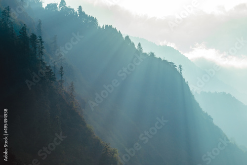 Mountain landscape Himalayas. rivers and jungle Nepal. mountain meditation 