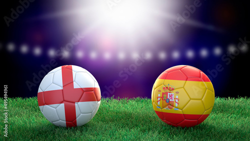 Two soccer balls in flags colors on stadium blurred background. England and Spain. 3d image