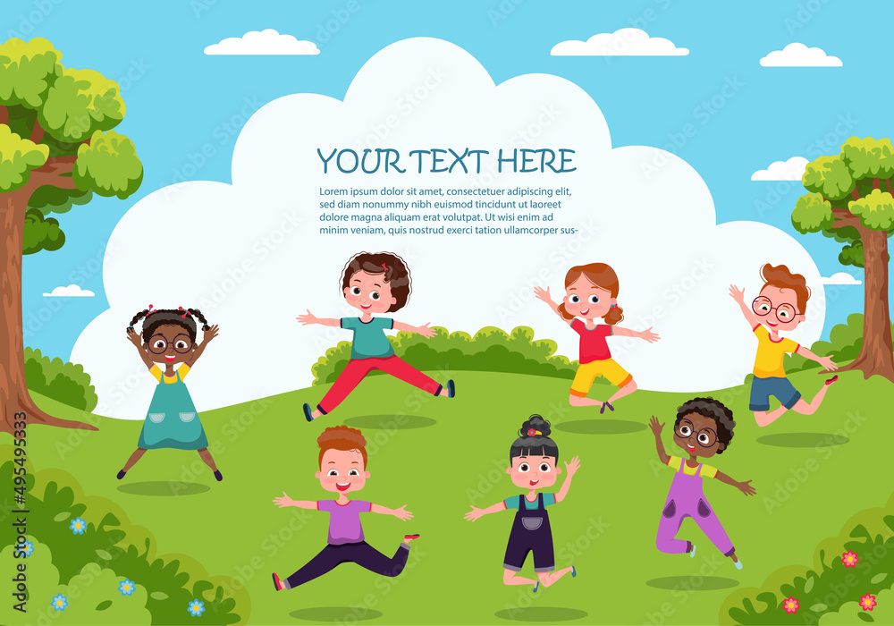 Children's activities. Happy funny children play and jump in the park. Template for advertising brochure. Children's activities. Happy funny children play and jump in the park. Template for advertising brochure.