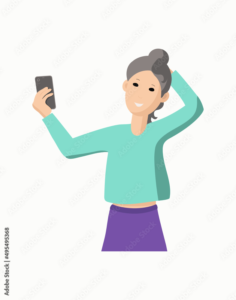 Young woman takes a selfie with the phone. Taking pictures of yourself. A blogger girl is shooting. Blogging. Vector illustration on isolated background.