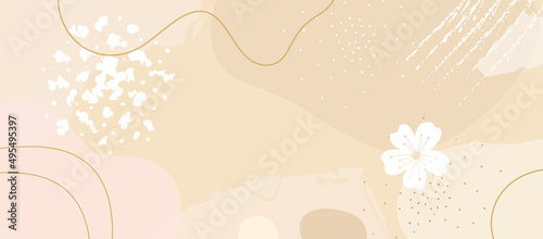 Japanese aesthetic background pattern. Tradition oriental design style banner card with geometric elements and abstract shapes. Beige sand texture with floral elements. 