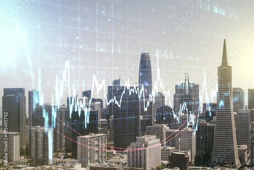 Double exposure of virtual creative financial diagram on San Francisco office buildings background, banking and accounting concept