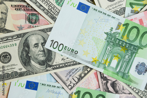 American and European money, dollar, euro, banknotes for settlement. United States, Europe.