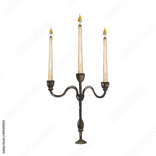 Watercolor candle holder isolated on white background. Home light decor candelabrum illustration