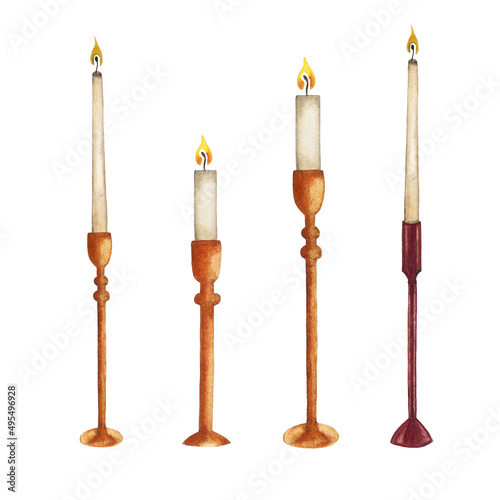Set of watercolor candle holder isolated on white background. Home light decor candelabrum illustration