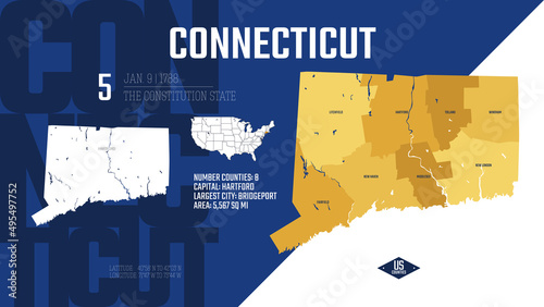 5 of 50 states of the United States, divided into counties with territory nicknames, Detailed vector Connecticut Map with name and date admitted to the Union, travel poster and postcard