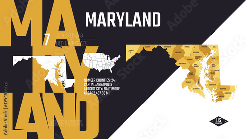 7 of 50 states of the United States, divided into counties with territory nicknames, Detailed vector Maryland Map with name and date admitted to the Union, travel poster and postcard