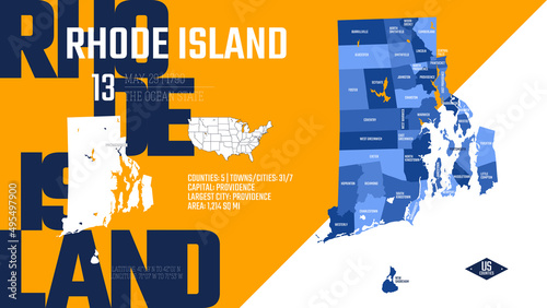 13 of 50 states of the United States, divided into counties with territory nicknames, Detailed vector Rhode Island Map with name and date admitted to the Union, travel poster and postcard