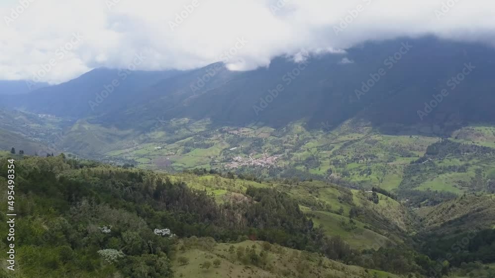 Aerial view mountains, villages in Colombia, Surata Santander