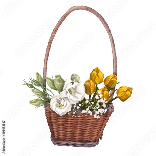 Watercolor spring illustration. Bright flowers in a basket. Realistic illustration © NNclipart