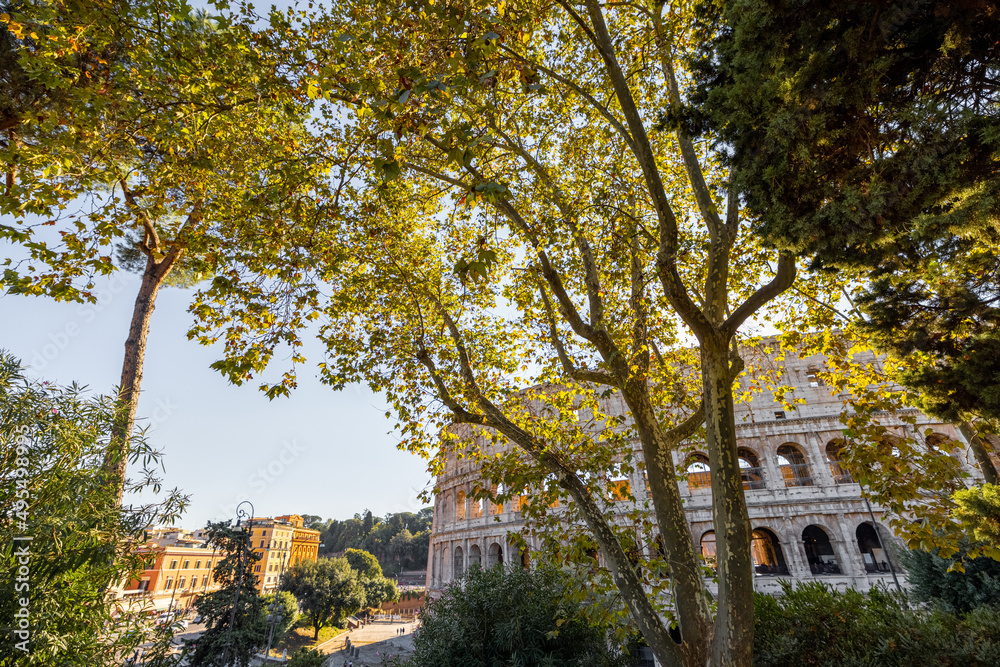 Beautiful view of Colosseum through trees in park on a sunny day. Roman amphitheater . Architecture and parks in Rome