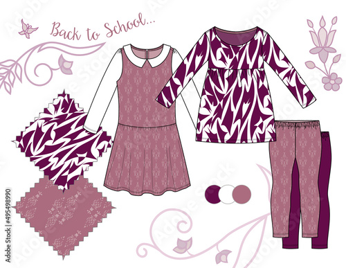 Little Girl Fashion Illustration / Abstract Geometric Pattern and Damask Print / Two Repeating patterns saved in Swatches Panel / Isolated vector flat sketches and design elements in separate layers