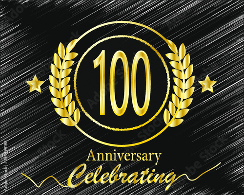 100th golden anniversary logo with ring, laurel wreath vector design on black background scratched