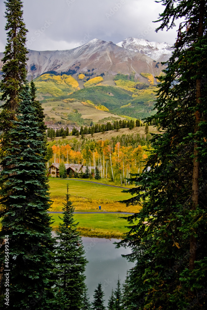 Fototapeta premium Mountain Village, Telluride, in autumn, San Juan Mountains, San Miguel County, Colorado