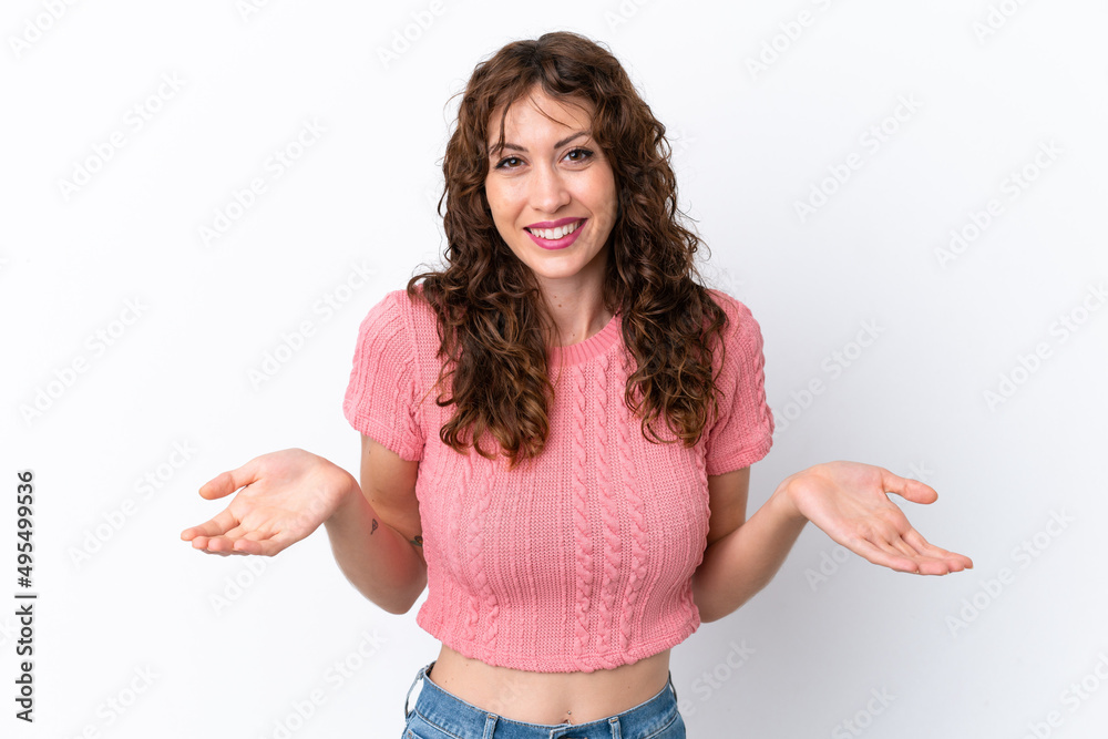 Young woman with curly hair isolated on white background happy and smiling Young woman with curly hair isolated on white background happy and smiling