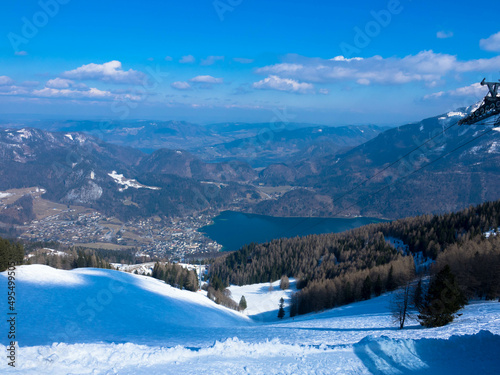 Panorama view of the mountains ski area and Wolfgangsee lake. View from the viewing platform on the Zwölferhorn mountain in St. Gilgen, Salzkammergut Upper Austria