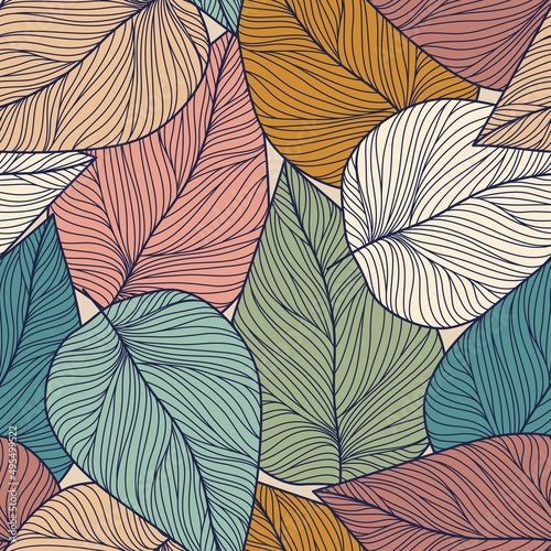 Abstract seamless pattern with leaves , Colorful and bright summer floral background. Vector pattern on a modern style.