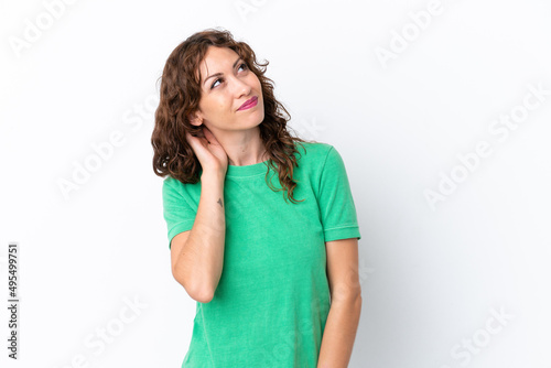 Young woman with curly hair isolated on white background thinking an idea