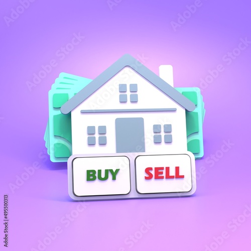 House icon and buy and sell buttons. 3d rendering.