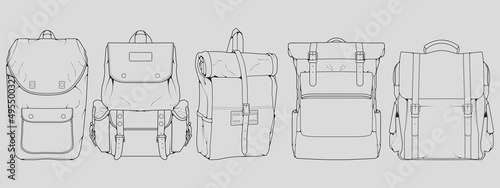 Set of backpack outline drawing vector, set of Backpack in a sketch style, trainers template outline, vector Illustration.
 photo