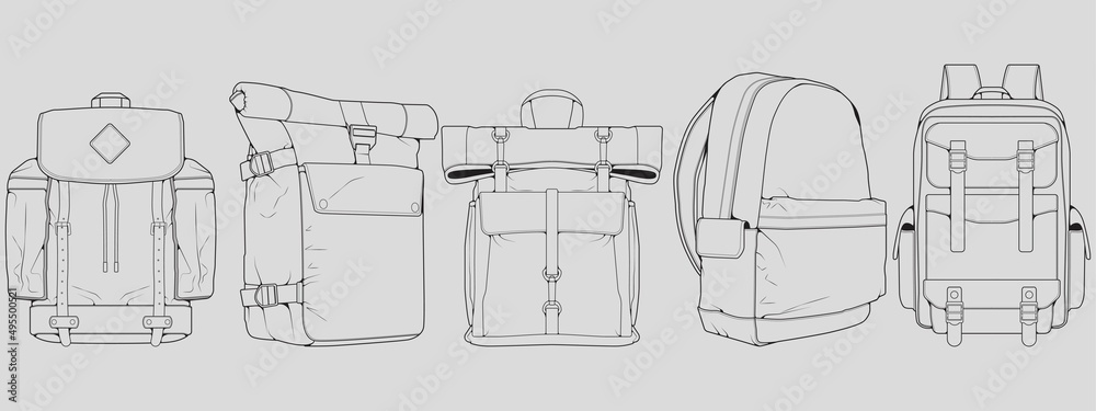 Set of backpack outline drawing vector, set of Backpack in a sketch style, trainers template outline, vector Illustration.
 - obrazy, fototapety, plakaty 