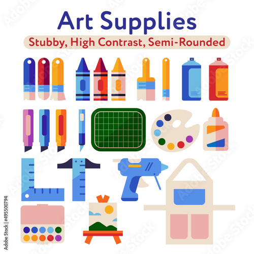 Art supplies icon graphic stock images including paint brushes, crayons, spray paint cans, markers, cutting knife, cutting mat, traditional painter's palette, glue, right angle ruler, T-square, etc.
