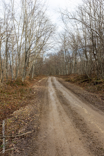 A road in a mountainous area, a winter mountain landscape on a sunny day, ice on shady sections of the roadway without snow cover.