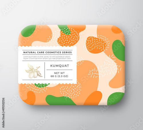 Fruits Bath Cosmetics Box. Vector Wrapped Paper Container with Care Label Cover. Packaging Design. Modern Typography and Hand Drawn Kumquat. Abstract Camo Background Pattern Layout Isolated