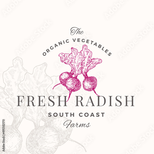 Radish Badge Logo Template. Hand Drawn Vegetable Sketch with Retro Typography. Premium Plant Based Vegan Food Emblem Isolated