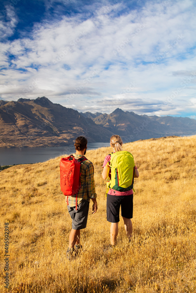 Adventure couple on vacation hiking trip South Island