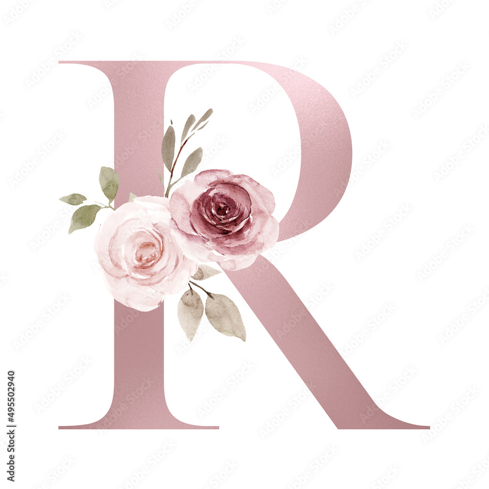 Alphabet, letter R with watercolor flowers and leaf. Wedding monogram ...