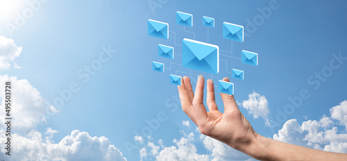 Email marketing and newsletter concept.Contact us by newsletter email and protect your personal information from spam mail concept.Scheme of direct sales in business. List of clients for mailing.