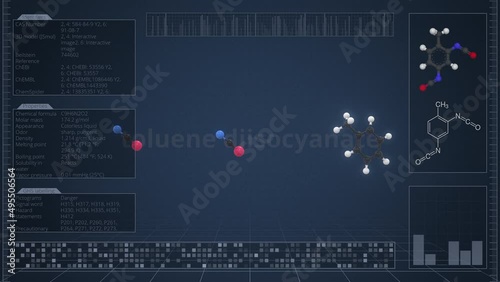 Overview of the molecule of toluene diisocyanate on the computer screen. Loopable 3d animation photo