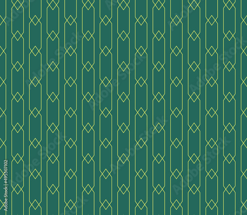 Vintage geometric seamless pattern with crossed rhombus. Green golden outline retro style for wallpaper background
