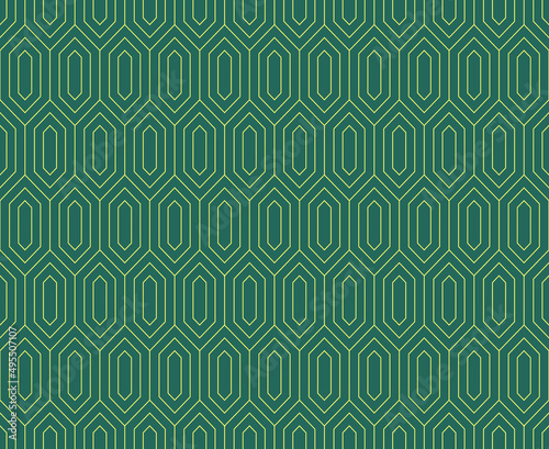 Retro geometric style seamless pattern with golden line diamonds and rhombus on green jade background for wallpaper vector illustration