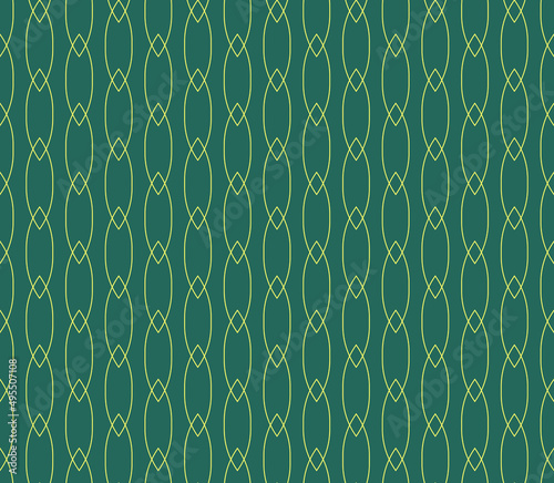 Vintage geometrical golden line seamless pattern on jade green background