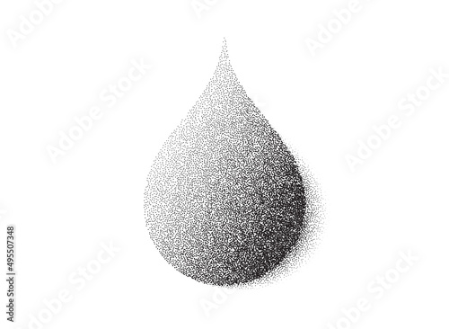 Dotwork pattern water drop. Black noise stipple dots paint drop. Sand grain effect. Black dots grunge banner. Black oil noise dotwork pattern. Stochastic dotted humidity drop. Vector