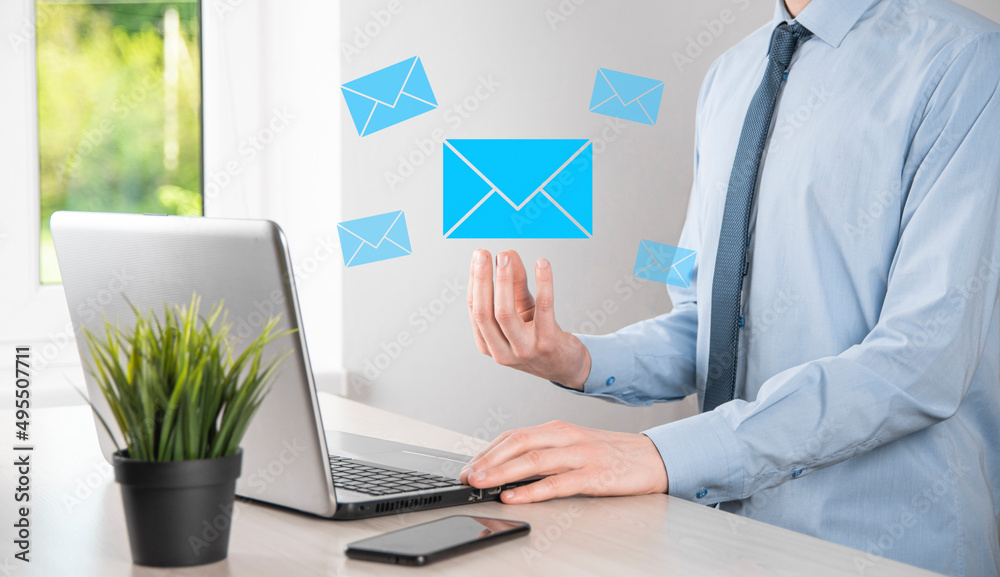 Email marketing and newsletter concept.Contact us by newsletter email and protect your personal information from spam mail concept.Scheme of direct sales in business. List of clients for mailing.