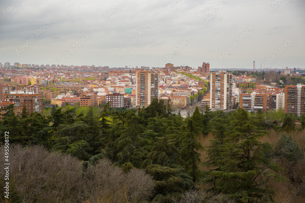 Panorama view of the south part of the city of Madrid, Spain. 