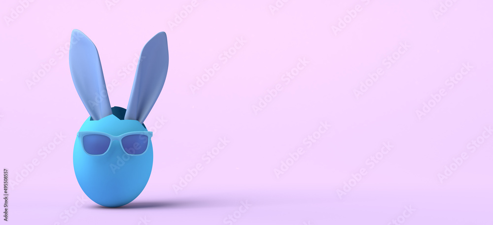 Easter egg with Easter bunny ears and sunglasses. Copy space. 3D illustration.