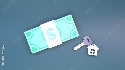 House or apartment key and dollars. Real estate purchase concept. 3d render.