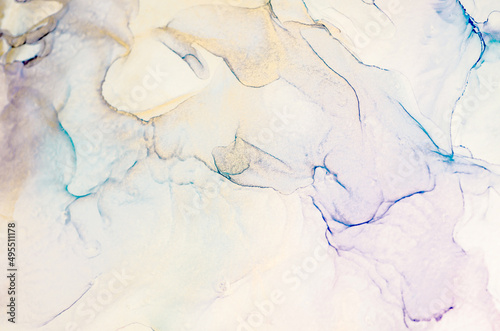 Antique White, ‍Light Steel Blue, Gold. Pastel nature ocean waves. Inks are beautiful, transparent inks. Art and Gold. Eastern paper texture. Fashion textile. Oriental Ancient art.