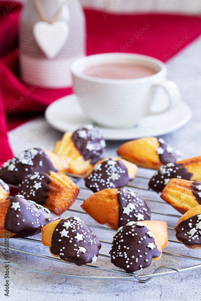 Traditional French Madeleine served with coffee, Valentine's Day.