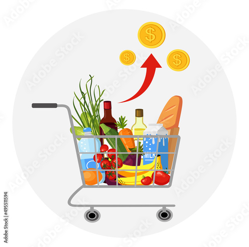 The rise in prices for products. grocery set, food basket.