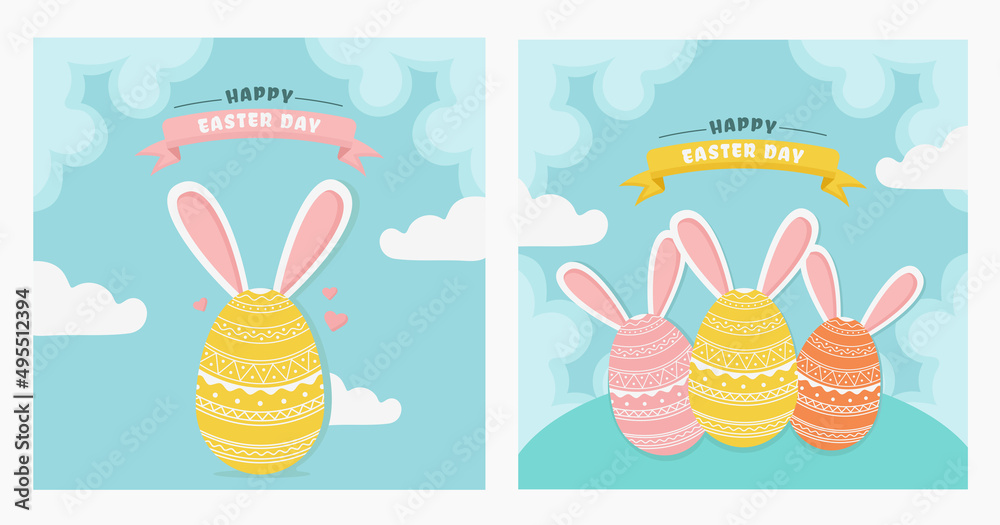 Happy Easter vector card. Square card with egg, spring flowers, bunny ears and clouds.