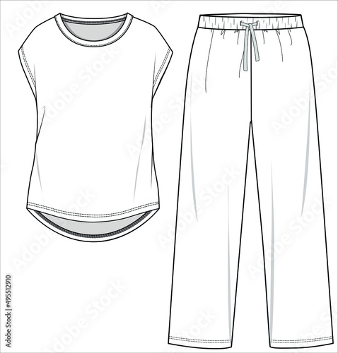 TEE AND PAJAM FLAT SKETCH OF
NIGHTWEAR SET FOR WOMEN AND TEENN GIRLS IN EDITABLE VECTOR FILE