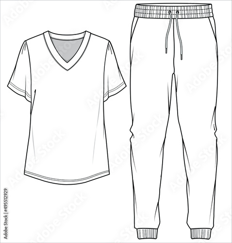 TEE AND JOGGERS FLAT SKETCH OF
NIGHTWEAR SET FOR WOMEN AND TEENN GIRLS IN EDITABLE VECTOR FILE